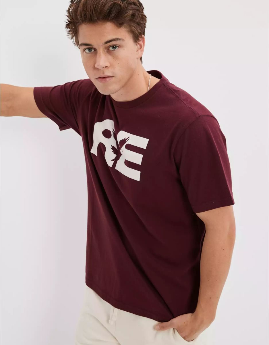 T Shirt Graphique American Eagle AE Super Soft Logo Bordeaux Homme | VHU-72403459